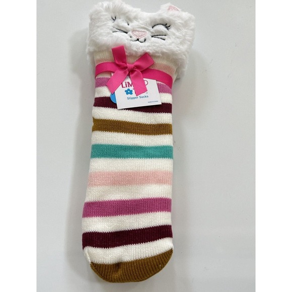 LIMITED TOO Girl Slipper Socks Multicolor White Acrylic Fleece Lined Cat OneSize - Picture 4 of 16